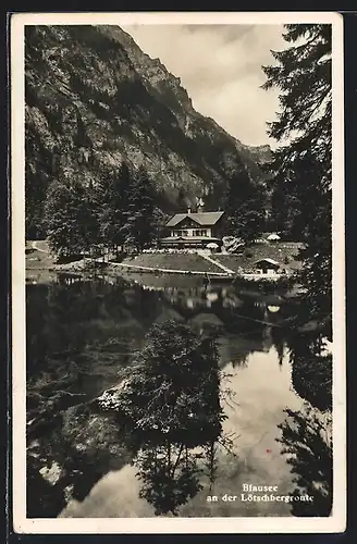AK Blausee an der Lötschbergroute, Uferpartie mit Cafe