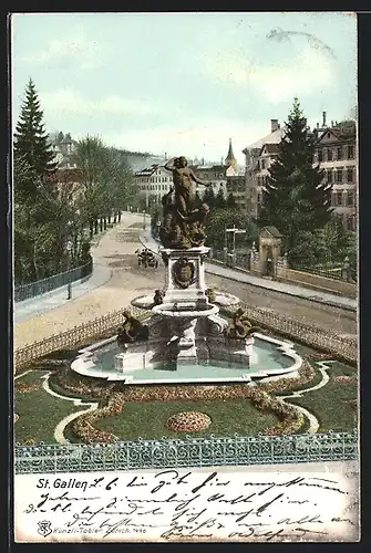 AK St. Gallen, Teilansicht mit Brunnen