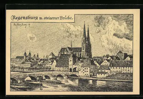 Künstler-AK Eugen Felle: Regensburg, Altdtadt mit steinerner Brücke