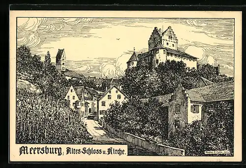 Künstler-AK Eugen Felle: Meersburg, altes Schloss und Kirche