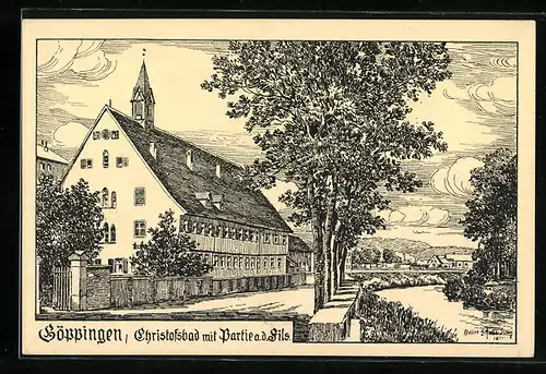 Künstler-AK Eugen Felle: Göppingen, Christofsbad mit Partie a. d. Fils