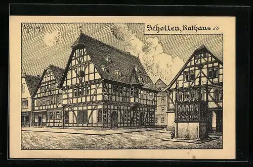 Künstler-AK Eugen Felle: Schotten, Blick auf das Rathaus