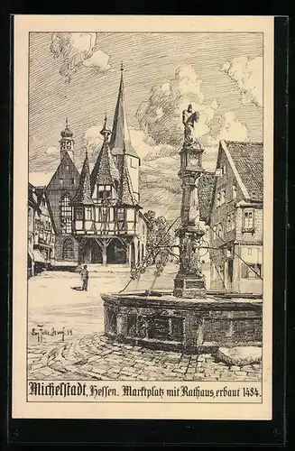 Künstler-AK Eugen Felle: Michelstadt /Hessen, Marktplatz mit Rathaus, erbaut 1484