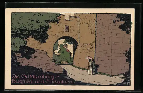 Steindruck-AK Rinteln, Schaumburg, Bergfried und Glockenturm