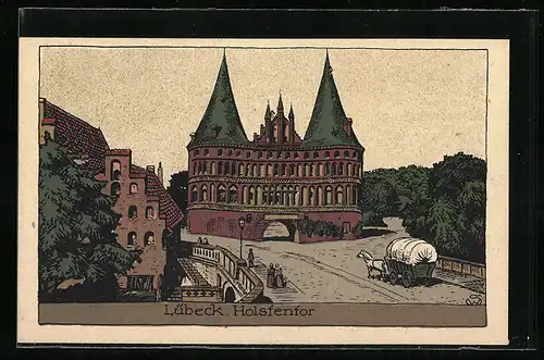 Steindruck-AK Lübeck, Blick auf das Holstentor