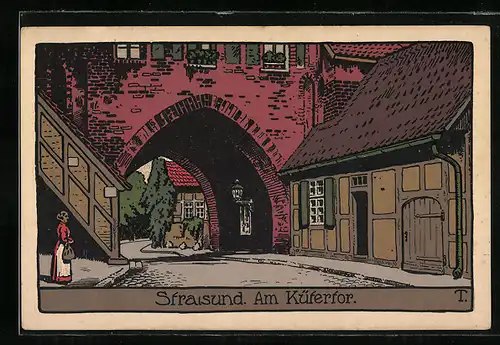 Steindruck-AK Stralsund, Strassenpartie am Küfertor