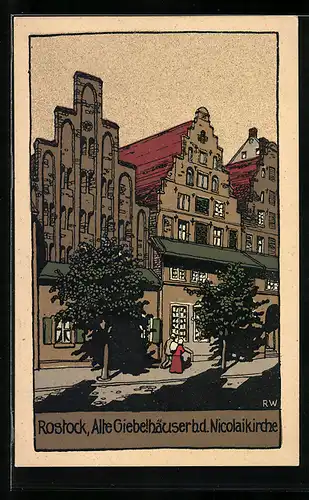 Steindruck-AK Rostock, Alte Giebelhäuser an der Nicolaikirche