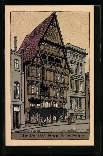 Steindruck-AK Minden i. W., Haus Schmieding mit Strasse