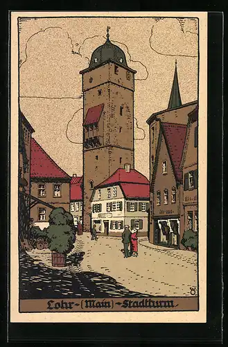 Steindruck-AK Lohr /Main, Stadtthurm