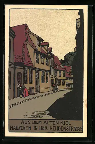 Steindruck-AK Kiel, Häuschen in der Kehdenstrasse in alter Zeit