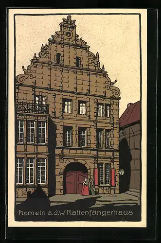 Steindruck-AK Hameln, Strassenpartie am Rattenfängerhaus
