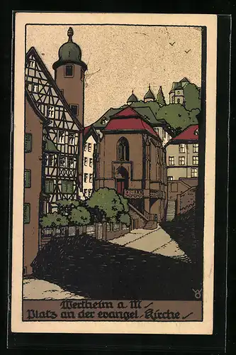 Steindruck-AK Wertheim a. M., Platz an der evangelischen Kirche
