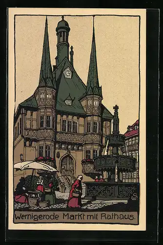 Steindruck-AK Wernigerode, Partie am Markt mit Rathaus