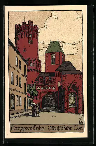 Steindruck-AK Tangermünde, Ansicht vom Neustädter Tor