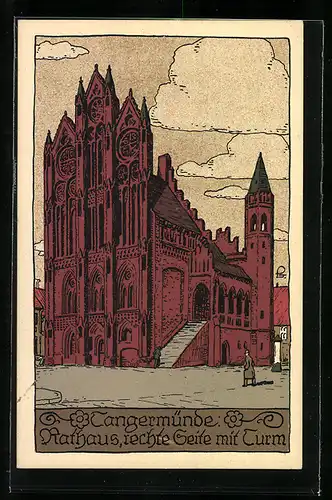 Steindruck-AK Tangermünde, Rechte Seite mit Turm vom Rathaus