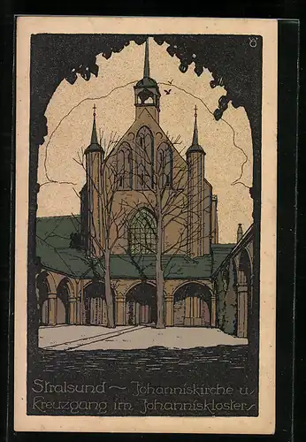 Steindruck-AK Stralsund, Johanniskirche und Kreuzgang im Johanniskloster