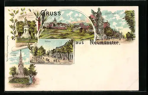 Lithographie Neumünster, Strassenpartie Grossflecken I, Rathaus, Kriegerdenkmal