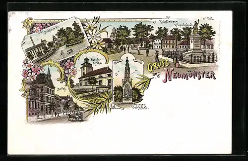 Lithographie Neumünster, Mühlenteich, Markt, Kleinflecken mit Kriegerdenkmal
