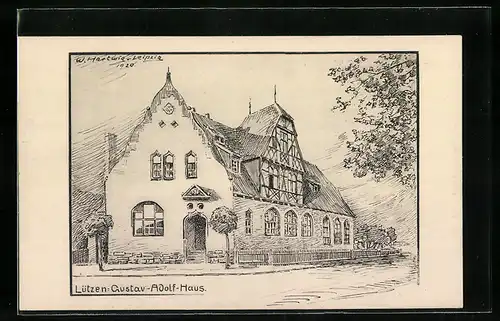 Künstler-AK Lützen, Blick auf das Gustav-Adolf-Haus