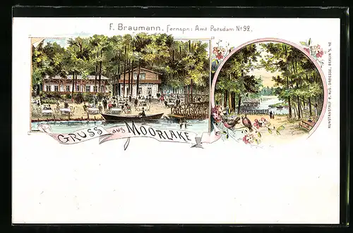 Lithographie Berlin-Wannsee, Ruderpartie am Gasthof Moorlake