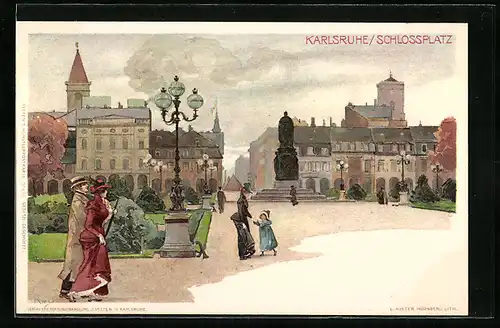 Künstler-AK Heinrich Kley: Karlsruhe, Leute auf dem Schlossplatz, Denkmal