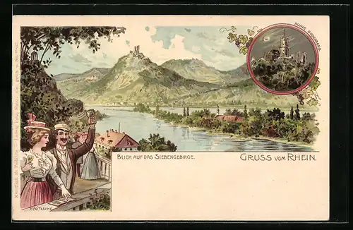 Lithographie Bad Godesberg, Ruine und Gesamtansicht