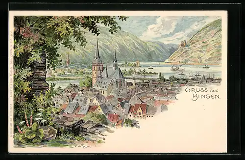 Künstler-AK Bingen, Ortsansicht am Rhein