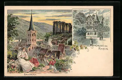 Künstler-AK Bacharach, Ortsansicht und das Alte Haus