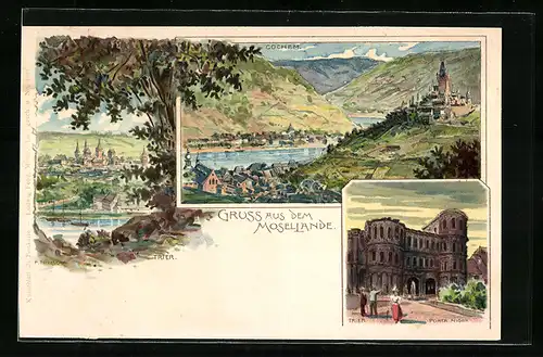 Lithographie Trier, Orte von der Mosel, Porta Nigra, Gesamtansicht von Cochem