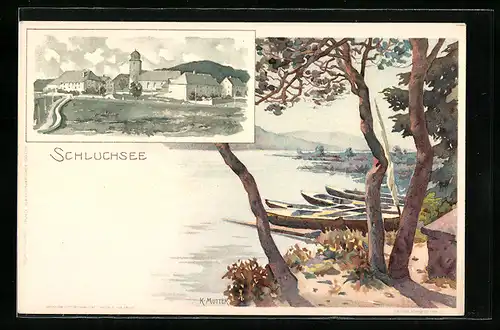 Künstler-AK Karl Mutter: Schluchsee, Ortsansicht und Uferpartie mit Ruderbooten
