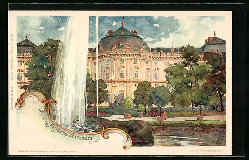 Künstler-AK Karl Mutter: Würzburg, Residenz mit Springbrunnen