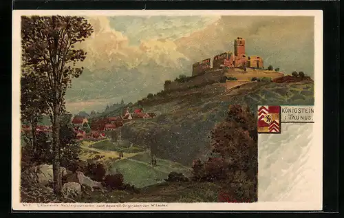 Lithographie Königstein i. Taunus, Ortsansicht mit Ruine