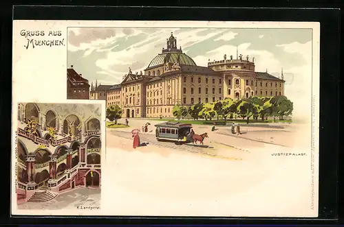 Lithographie München, Justizpalast mit Pferdebahn, Innenansicht