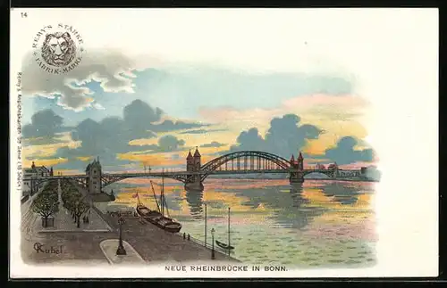 Künstler-Lithographie Bonn, Neue Rheinbrücke bei Dämmerung