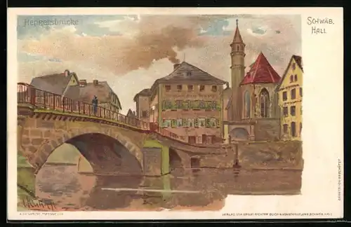 Lithographie Schwäbisch Hall, Partie an der Henkersbrücke