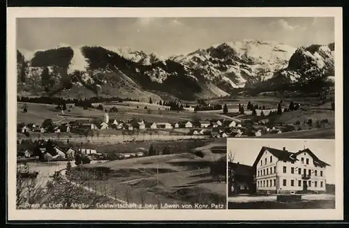 AK Prem a. Lech, Ortsansicht mit Bergpanorama, Gastwirtschaft zum bayr. Löwen