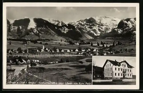 AK Prem a. Lech, Ortsansicht mit Bergpanorama, Gastwirtschaft zum bayr. Löwen