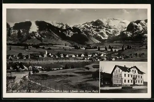 AK Prem a. Lech, Ortsansicht mit Bergpanorama, Gastwirtschaft zum bayr. Löwen