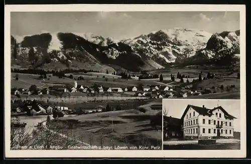 AK Prem a. Lech, Ortsansicht mit Bergpanorama, Gastwirtschaft zum bayr. Löwen