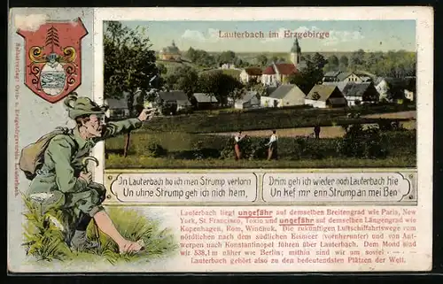 Passepartout-AK Lauterbach /Erzgeb., Ortsansicht hinter Feldern, Förster, Wappen