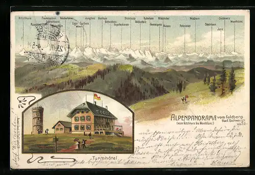 Lithographie Feldberg /Bad. Schw., Alpenpanorama vom Ritzlihorn bis Montblanc, Turmhotel von C. Mayer