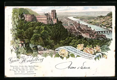 Vorläufer-Lithographie Heidelberg, 1895, Ortsansicht mit Studentengruppe und Fernblick aus der Vogelschau