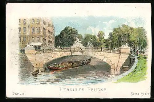 Lithographie Berlin-Tiergarten, Herkulesbrücke mit Lastenkahn, rückseitig Hoffmanns Taschenkalender 1897