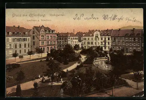 AK Offenburg, Volksgarten u. Gasthaus z. Waldhorn