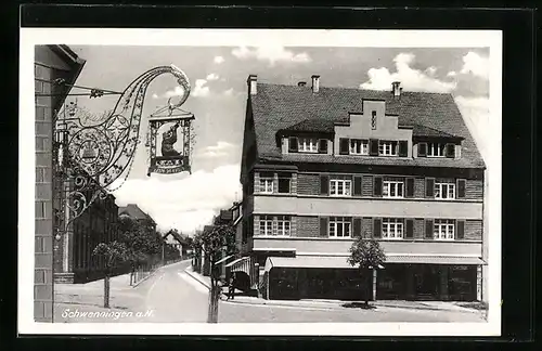 AK Schwenningen a. N., Strassenpartie mit Gasthaus