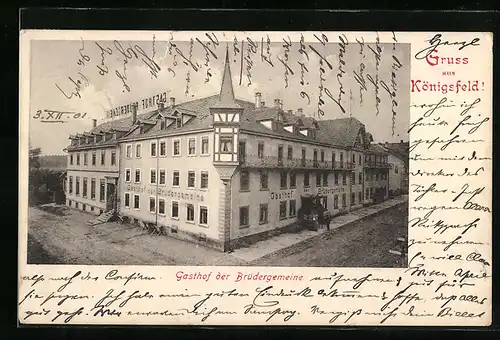 AK Königsfeld, Gasthof der Brüdergemeine mit Strasse aus der Vogelschau