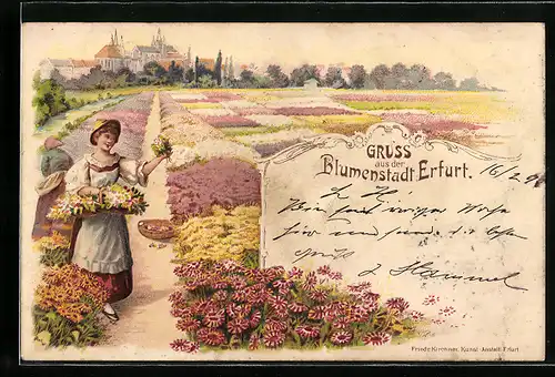 Lithographie Erfurt, Frau mit Blumenkorb an Blumenbeeten