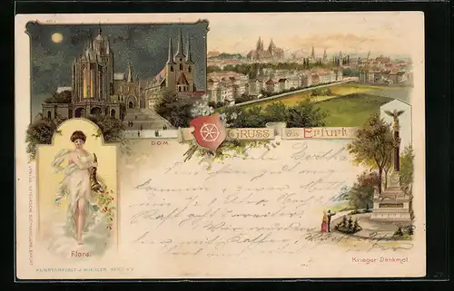 Lithographie Erfurt, Dom, Kriegerdenkmal, Flora, Stadtwappen