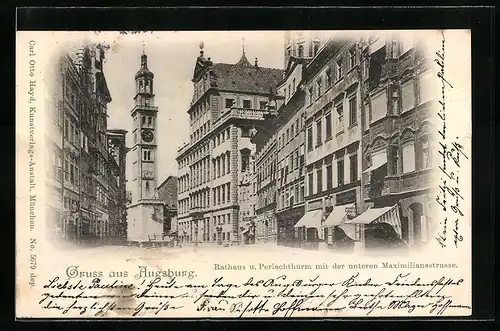 AK Augsburg, Rathaus und Perlachthurm mit der unteren Maximilianstrasse