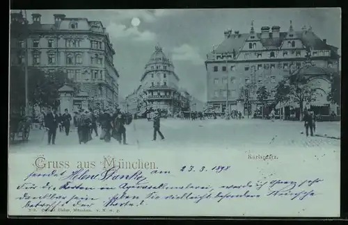 Mondschein-AK München, Karlsplatz mit Warenhaus Hermann Tietz und Litfasssäule